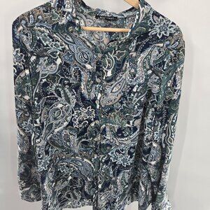 Roz and Ali Blue Green Paisley Button Down Long Sleeved Blouse 1x